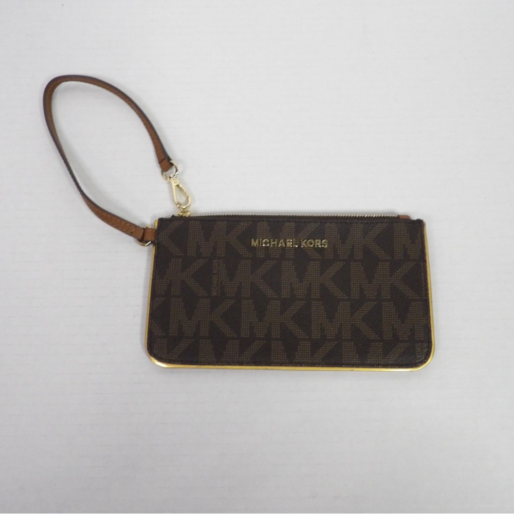 Michael Kors Monogram Brown Wristlet with Gold Trim